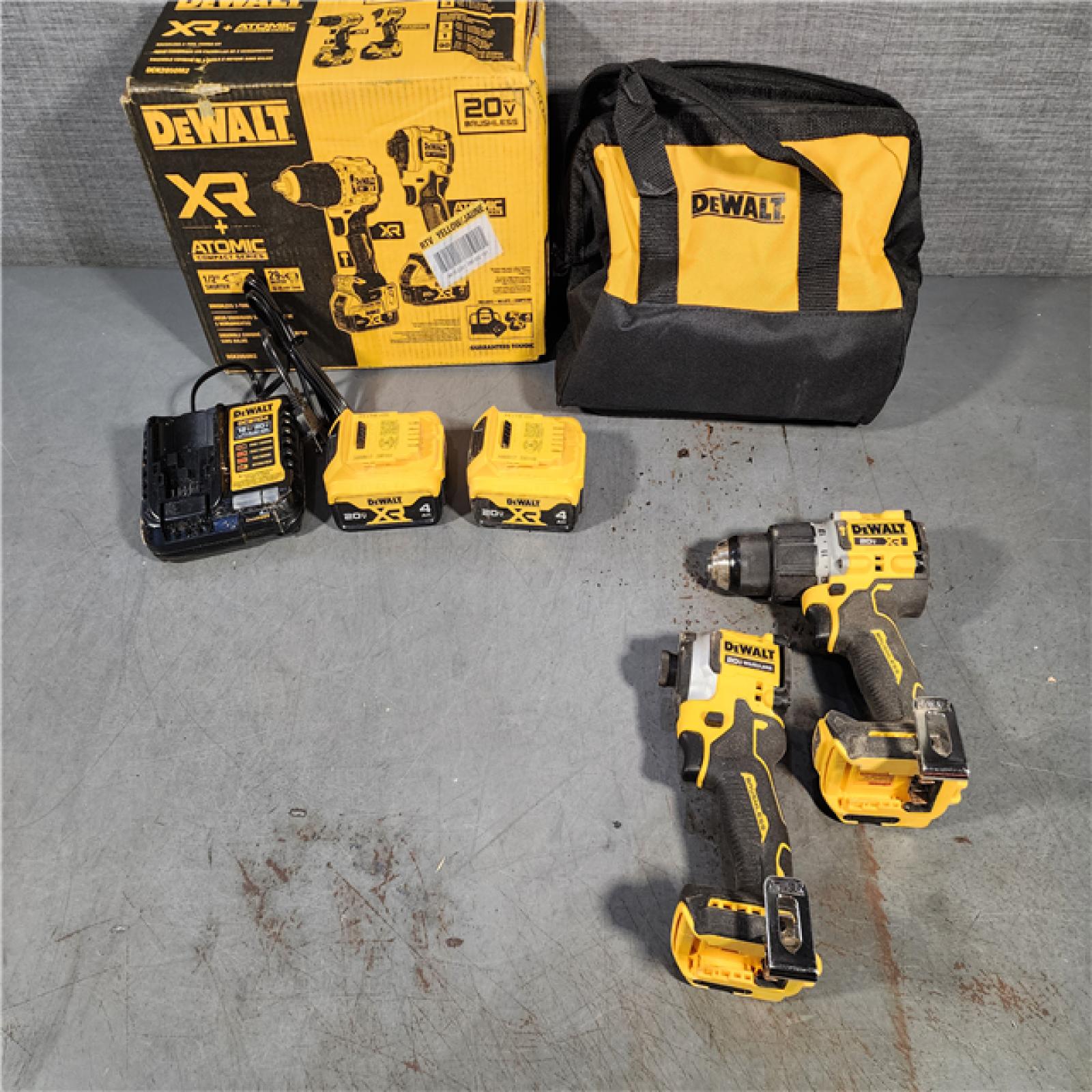 HOUSTON LOCATION - AS-IS DEWALT 20V MAX XR Hammer Drill and ATOMIC Impact Driver 2 Tool Cordless Combo Kit with (2) 4.0Ah Batteries, Charger, and Bag