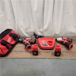 AS-IS Milwaukee 2494-22 M12 Cordless Combination 3/8  Drill / Driver and 1/4  Hex Impact Driver Dual Power Tool Kit (2 Lithium Ion Batteries  Charger  and B