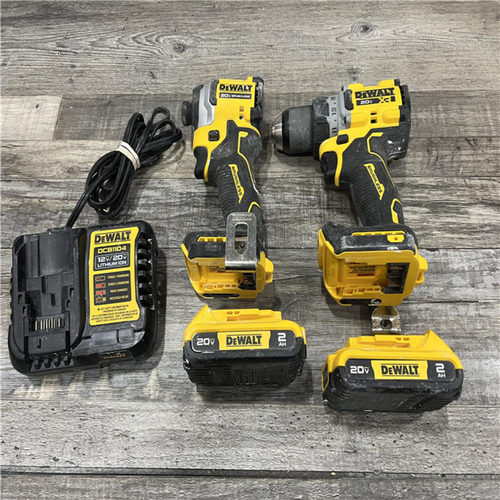 AS-IS DEWALT 20V MAX XR Cordless Drill/Driver, ATOMIC Impact Driver 2 Tool Combo Kit, (2) 2.0Ah Batteries, Charger, and Bag