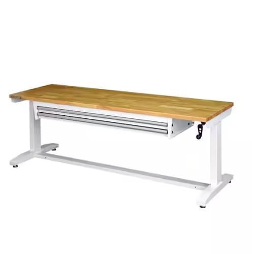 DALLAS LOCATION - Husky 72 in. W x 24 in. D 2-Drawer Adjustable Height White Worktable with Solid Wood Top