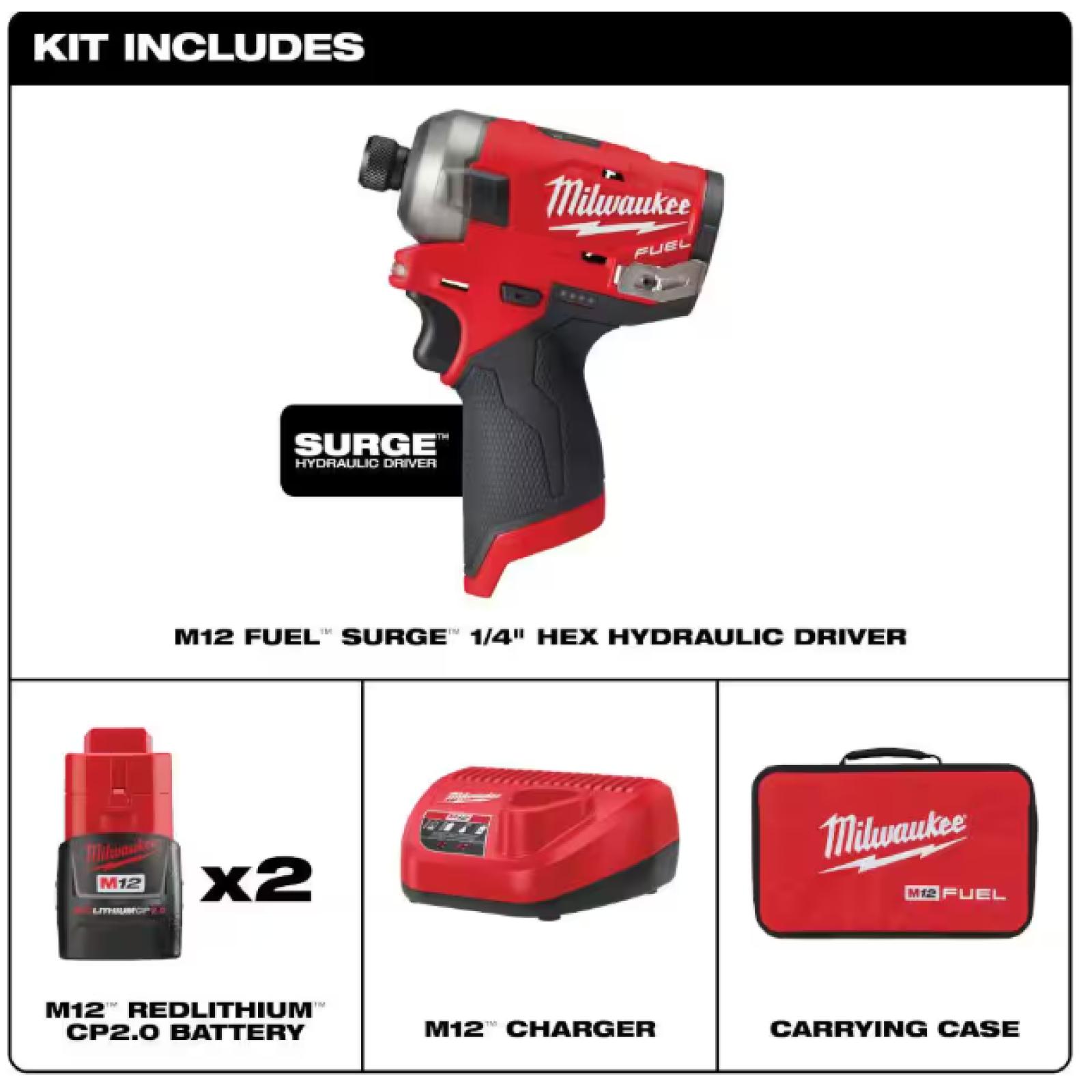 NEW! -Milwaukee M12 FUEL SURGE 12V Lithium-Ion Brushless Cordless 1/4 in. Hex Impact Driver Compact Kit w/Two 2.0Ah Batteries, Bag