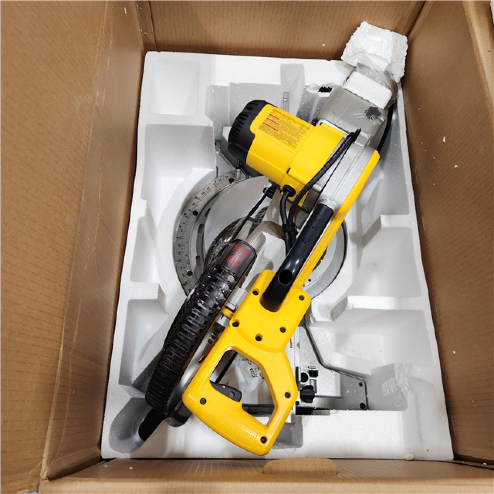 AS-IS DEWALT 15 Amp Corded 12 in. Double Bevel Sliding Compound Miter Saw, Blade Wrench and Material Clamp