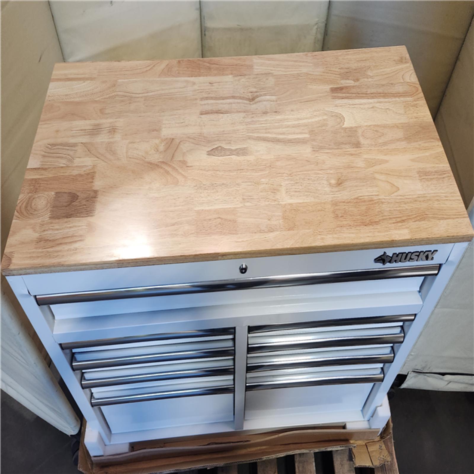 CALIFORNIA AS-IS HUSKY 46 IN 9-DRAWER  MOBILE WORKBENCH WITH SOLID WOOD TOP