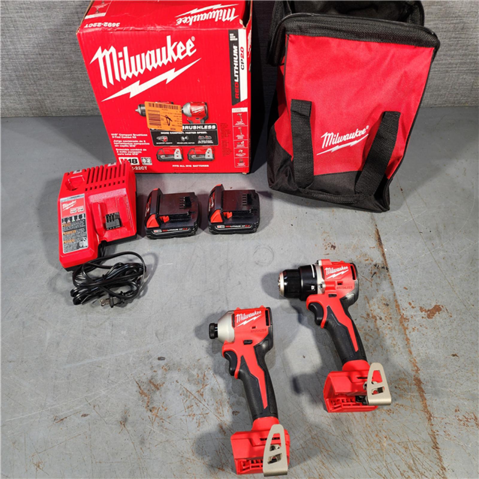 HOUSTON LOCATION - AS-IS (APPEARS LIKE NEW) M18 18V Lithium-Ion Brushless Cordless Compact Drill/Impact Combo Kit (2-Tool) W/(2) 2.0 Ah Batteries, Charger & Bag