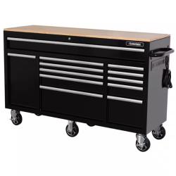 DALLAS LOCATION - NEW! Husky 62 in. W X 20 in. D 12-Drawer Gloss Black Mobile Workbench Cabinet with Solid Wood Top and Power Drawer