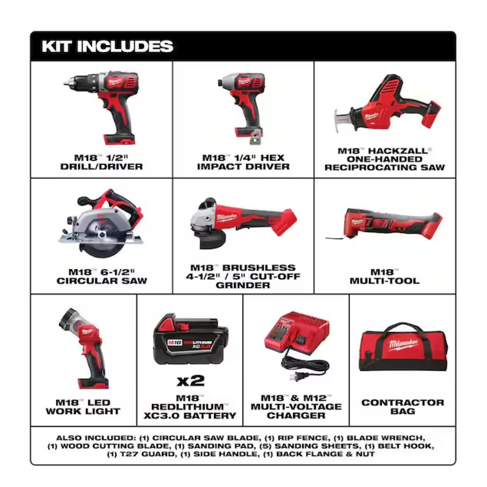 AS-IS - Milwaukee M18 18-Volt Lithium-Ion Cordless Combo Kit 7-Tool with 2-Batteries, Charger and Tool Bag