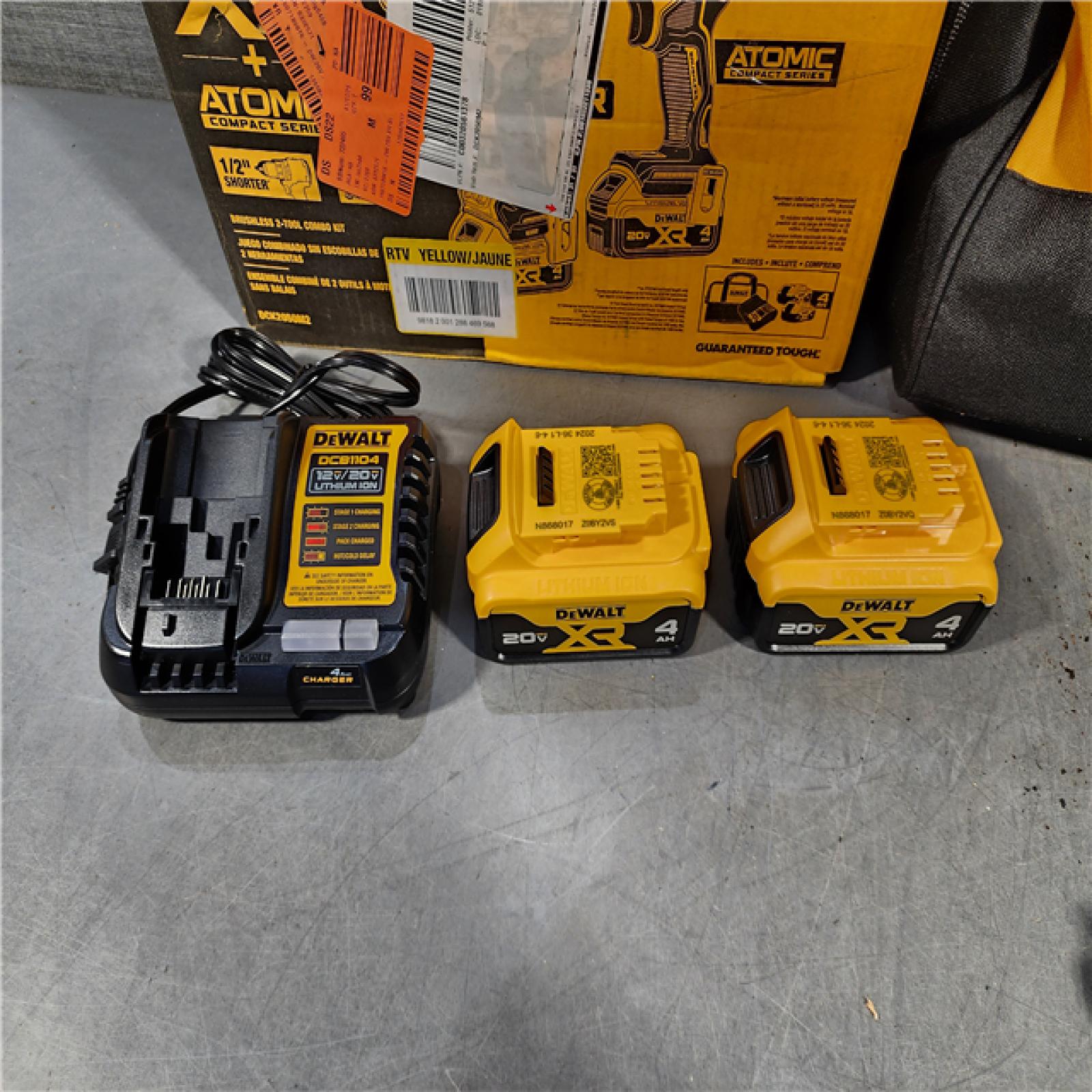 HOUSTON LOCATION - AS-IS DEWALT 20V MAX XR Hammer Drill and ATOMIC Impact Driver 2 Tool Cordless Combo Kit with (2) 4.0Ah Batteries, Charger, and Bag