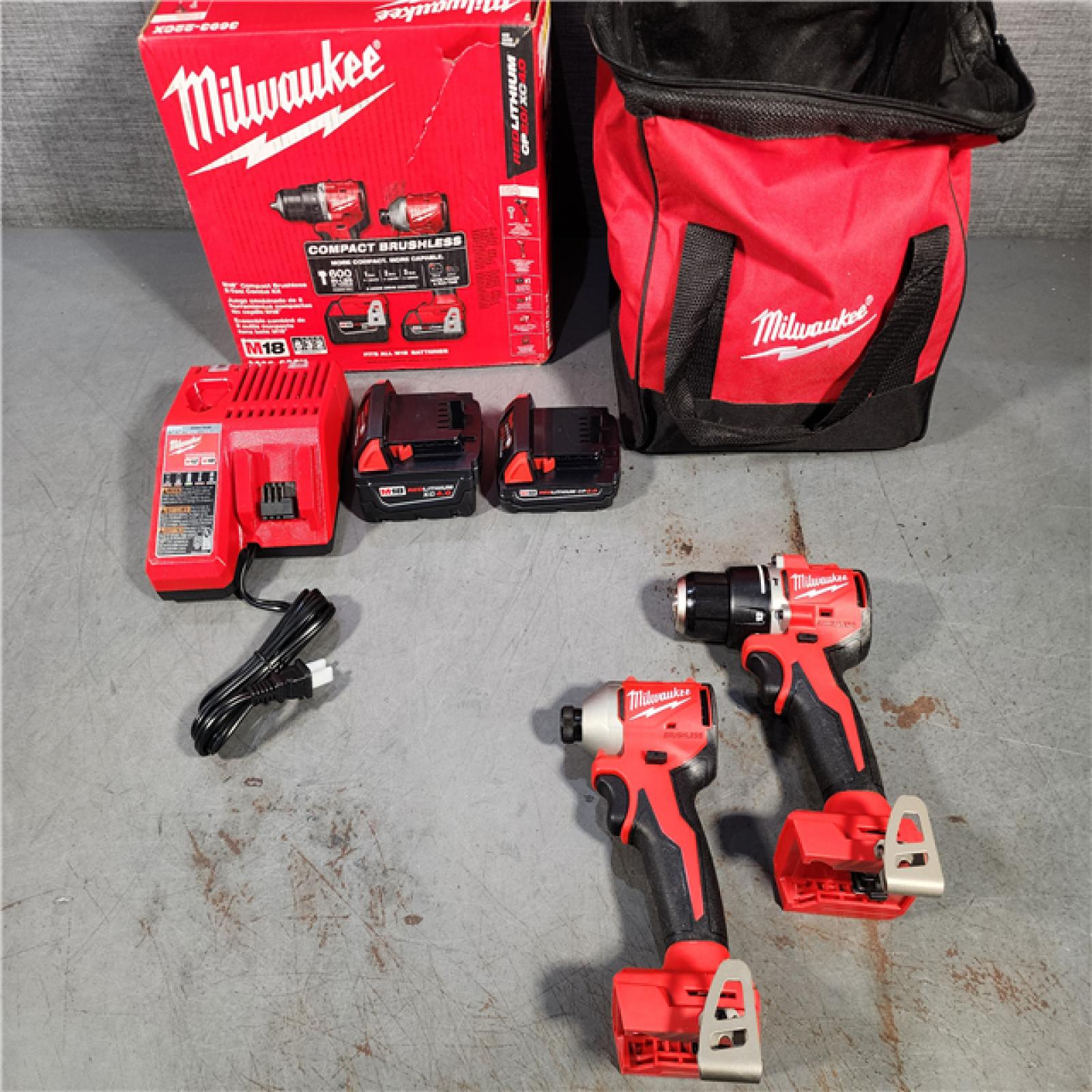 HOUSTON LOCATION - AS-IS M18 18-Volt Lithium-Ion Brushless Cordless Compact Hammer Drill/Impact Combo Kit (2-Tool) with (2) Batteries, Bag