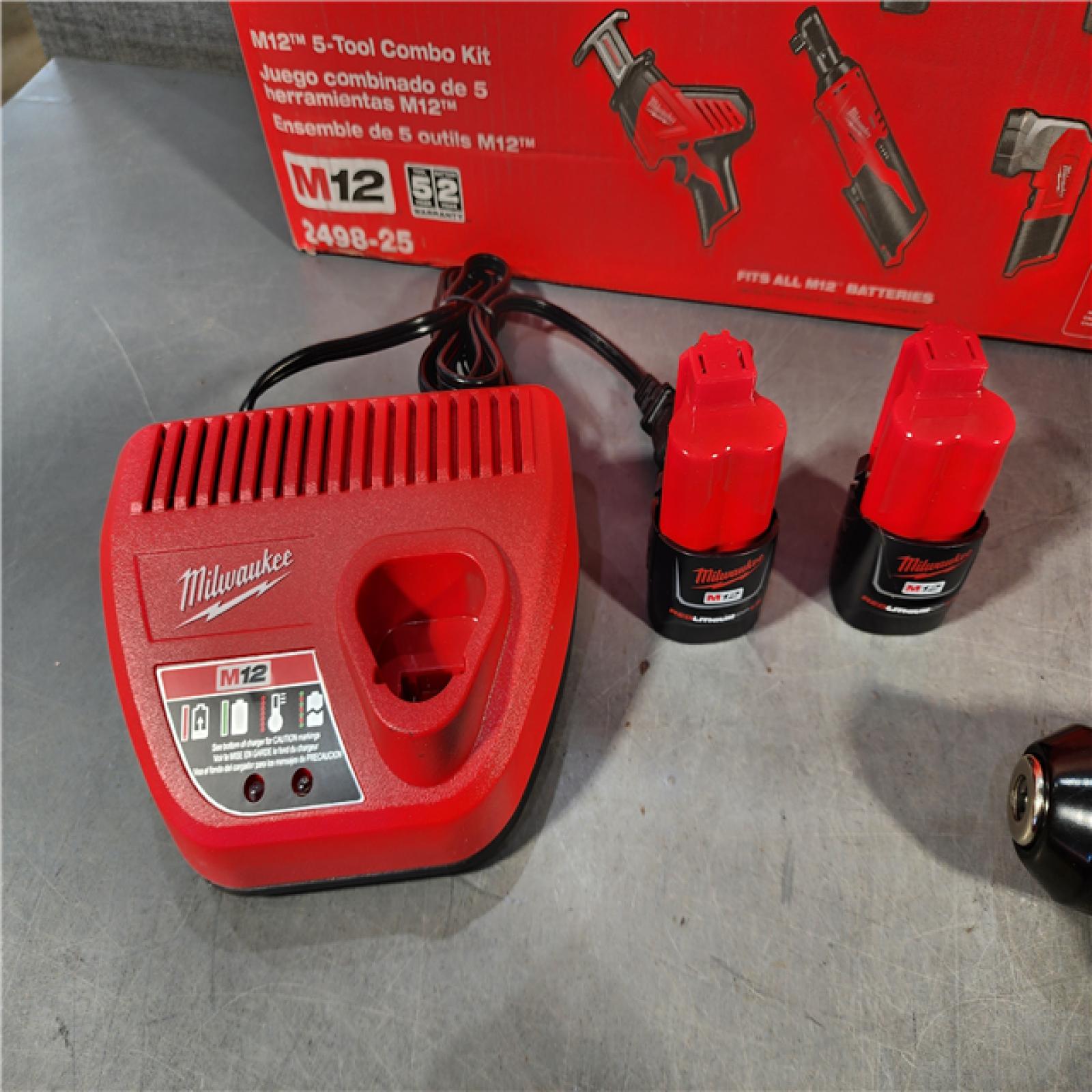 HOUSTON LOCATION - AS-IS (APPEARS LIKE NEW) MILWAUKEE M12 12V Lithium-Ion Cordless Combo Kit (5-Tool) with Two 1.5Ah Batteries, Charger & Tool Bag