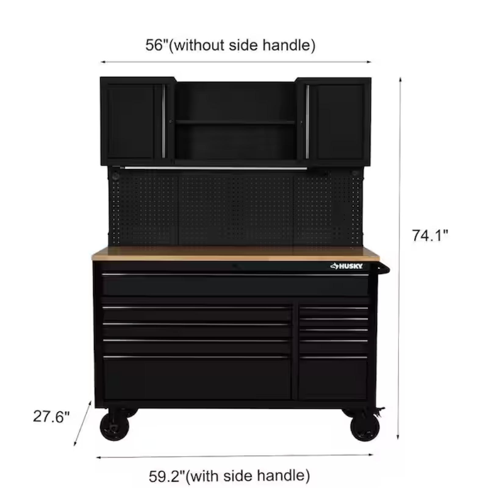 DALLAS LOCATION -Husky 56 in. W x 27.6 in. D 10-Drawer Matte Black Heavy-Duty Mobile Workbench with Pegboard and Top Cabinets