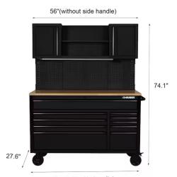 DALLAS LOCATION -Husky 56 in. W x 27.6 in. D 10-Drawer Matte Black Heavy-Duty Mobile Workbench with Pegboard and Top Cabinets