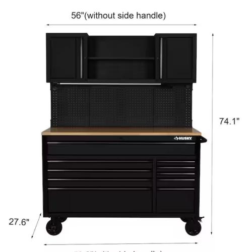 DALLAS LOCATION -Husky 56 in. W x 27.6 in. D 10-Drawer Matte Black Heavy-Duty Mobile Workbench with Pegboard and Top Cabinets