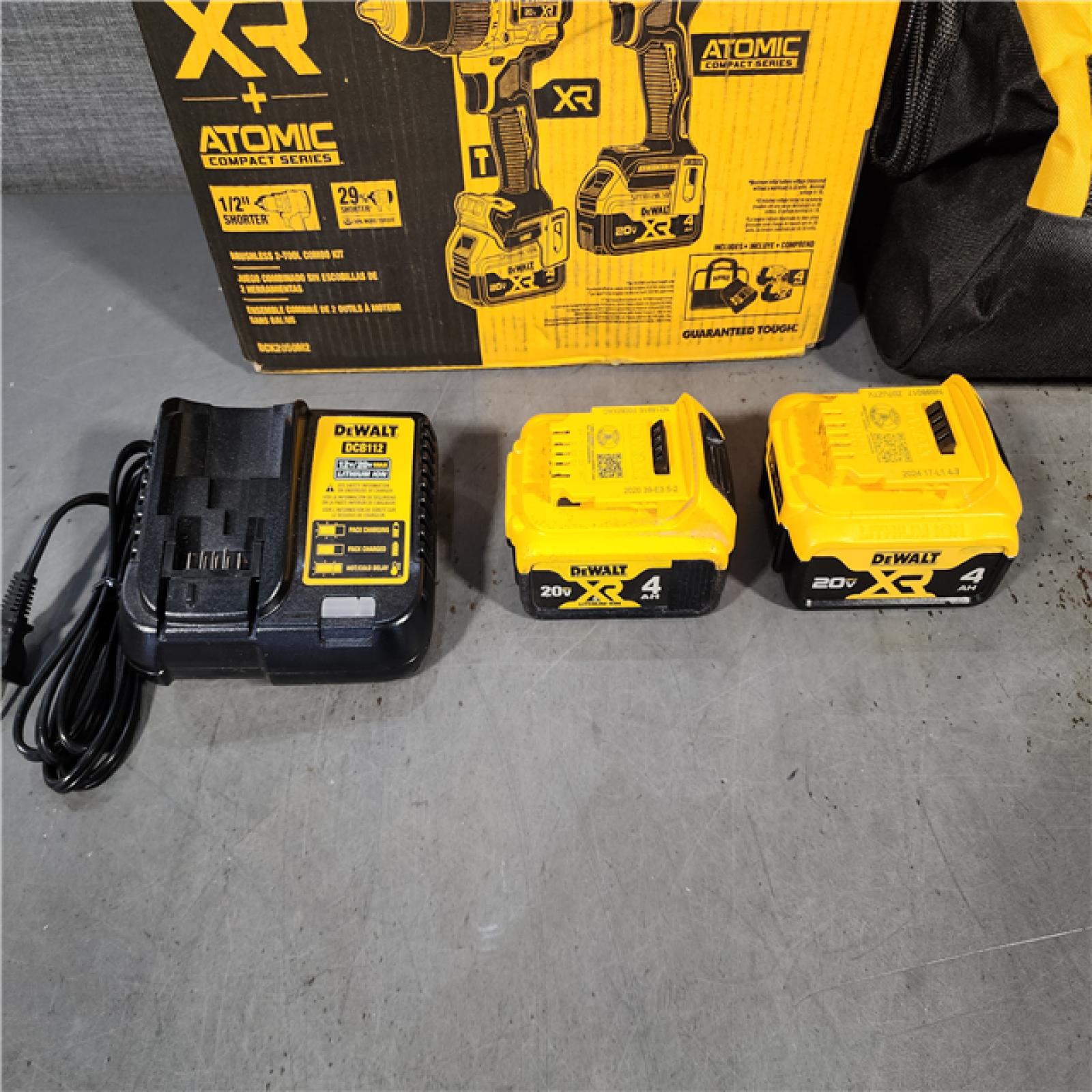 HOUSTON LOCATION - AS-IS DEWALT 20V MAX XR Hammer Drill and ATOMIC Impact Driver 2 Tool Cordless Combo Kit with (2) 4.0Ah Batteries, Charger, and Bag