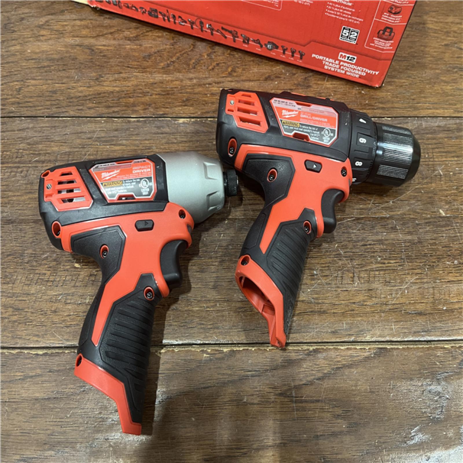 AS-ISMilwaukee 2494-22 M12 Cordless Combination 3/8  Drill / Driver and 1/4  Hex Impact Driver Dual Power Tool Kit (2 Lithium Ion Batteries  Charger  and B