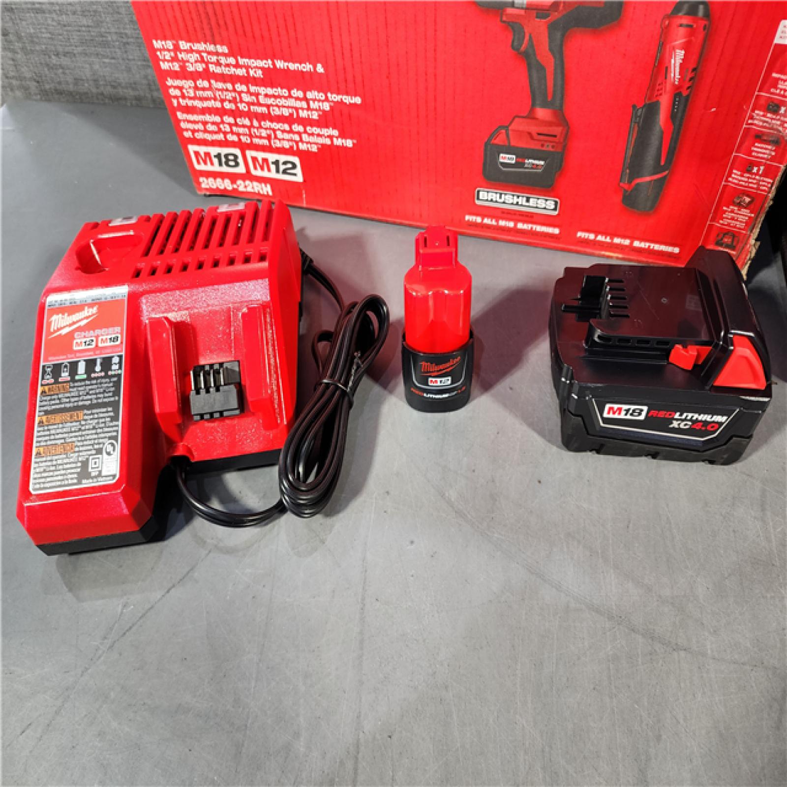 HOUSTON LOCATION - AS-IS (APPEARS LIKE NEW) M12/M18 12/18V Lithium-Ion Cordless 3/8 in. Ratchet and 1/2 in. High Torque Impact Wrench with Friction Ring Combo Kit