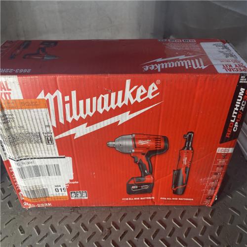 Houston location AS-IS MILWAUKEE M18/M12 12/18V Lithium-Ion Cordless 3/8 in. Ratchet and 1/2 in. Impact Wrench with Friction Ring Combo Kit