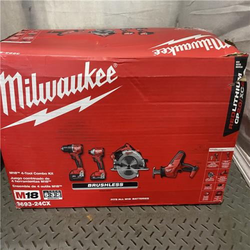 Houston location AS-IS MILWAUKEE M18 18-Volt Lithium-Ion Brushless Cordless Combo Kit (4-Tool) with 1Battery 1-Charger and Tool Bag MISSING ONE BATTERY