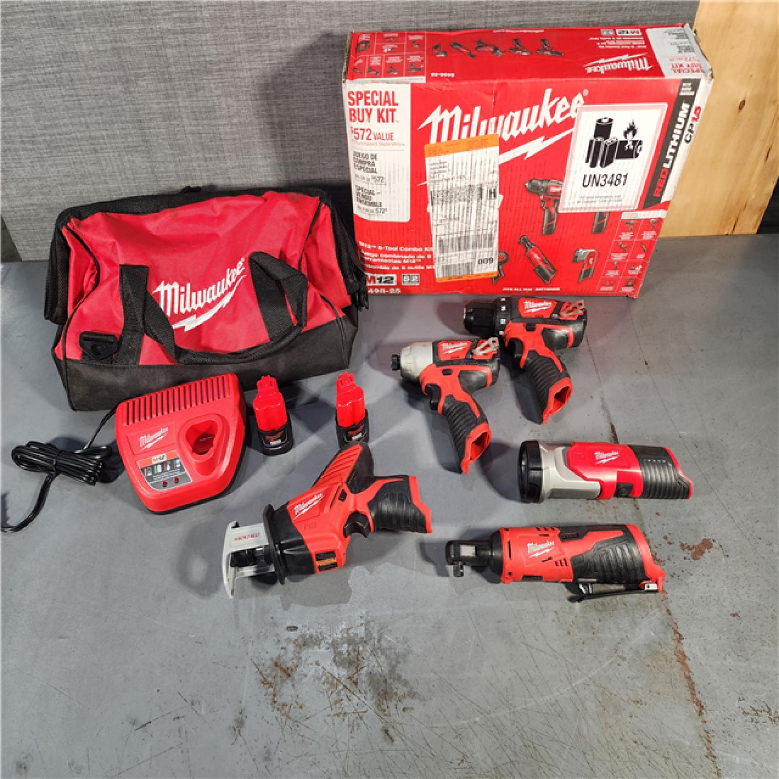 HOUSTON LOCATION - AS-IS MILWAUKEE M12 12V Lithium-Ion Cordless Combo Kit (5-Tool) with Two 1.5Ah Batteries, Charger & Tool Bag