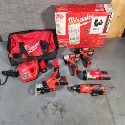 HOUSTON LOCATION - AS-IS MILWAUKEE M12 12V Lithium-Ion Cordless Combo Kit (5-Tool) with Two 1.5Ah Batteries, Charger & Tool Bag