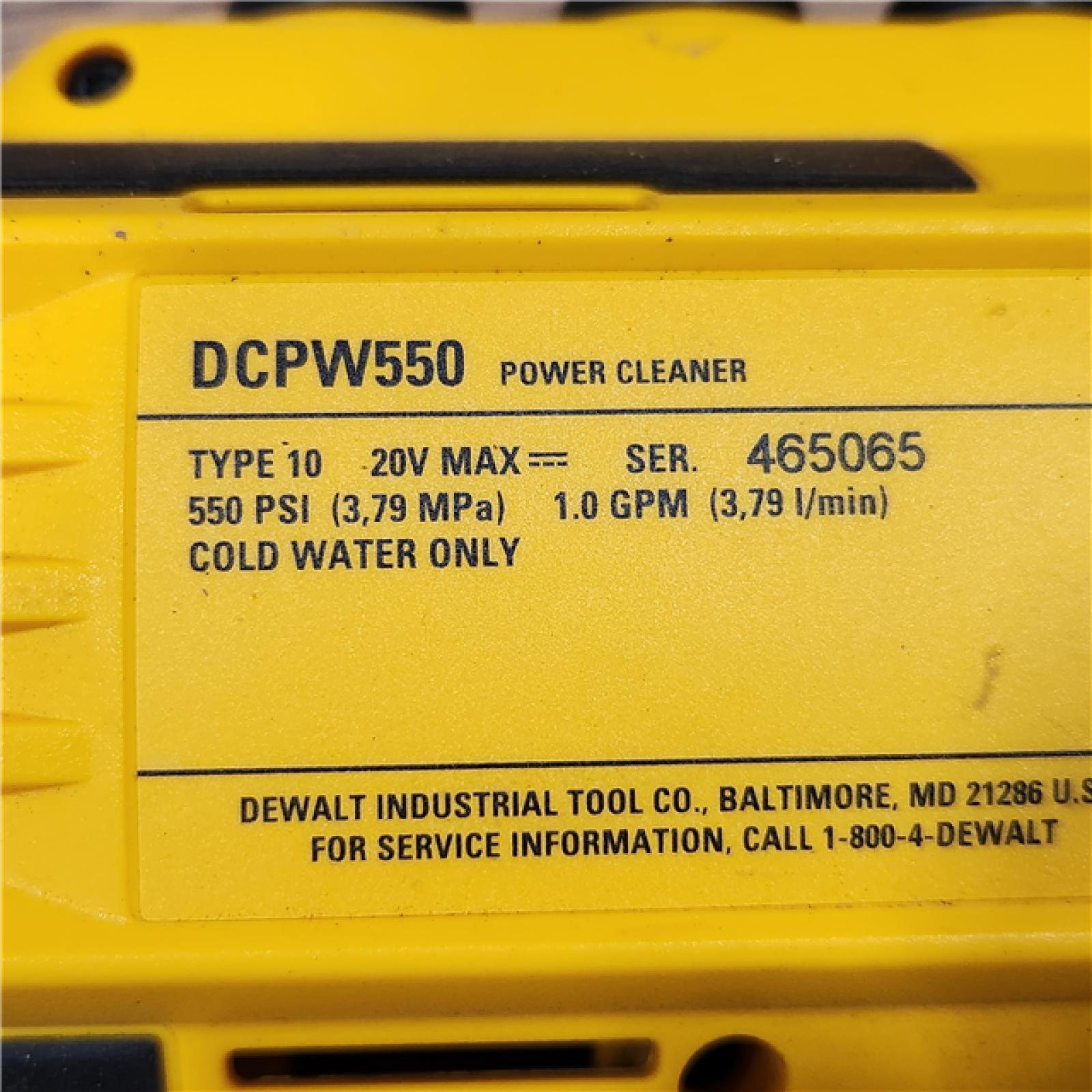 AS-IS DEWALT 20V MAX 550 PSI 1.0 GPM Cold Water Cordless Battery Power Cleaner with 4 Nozzles (Tool Only)