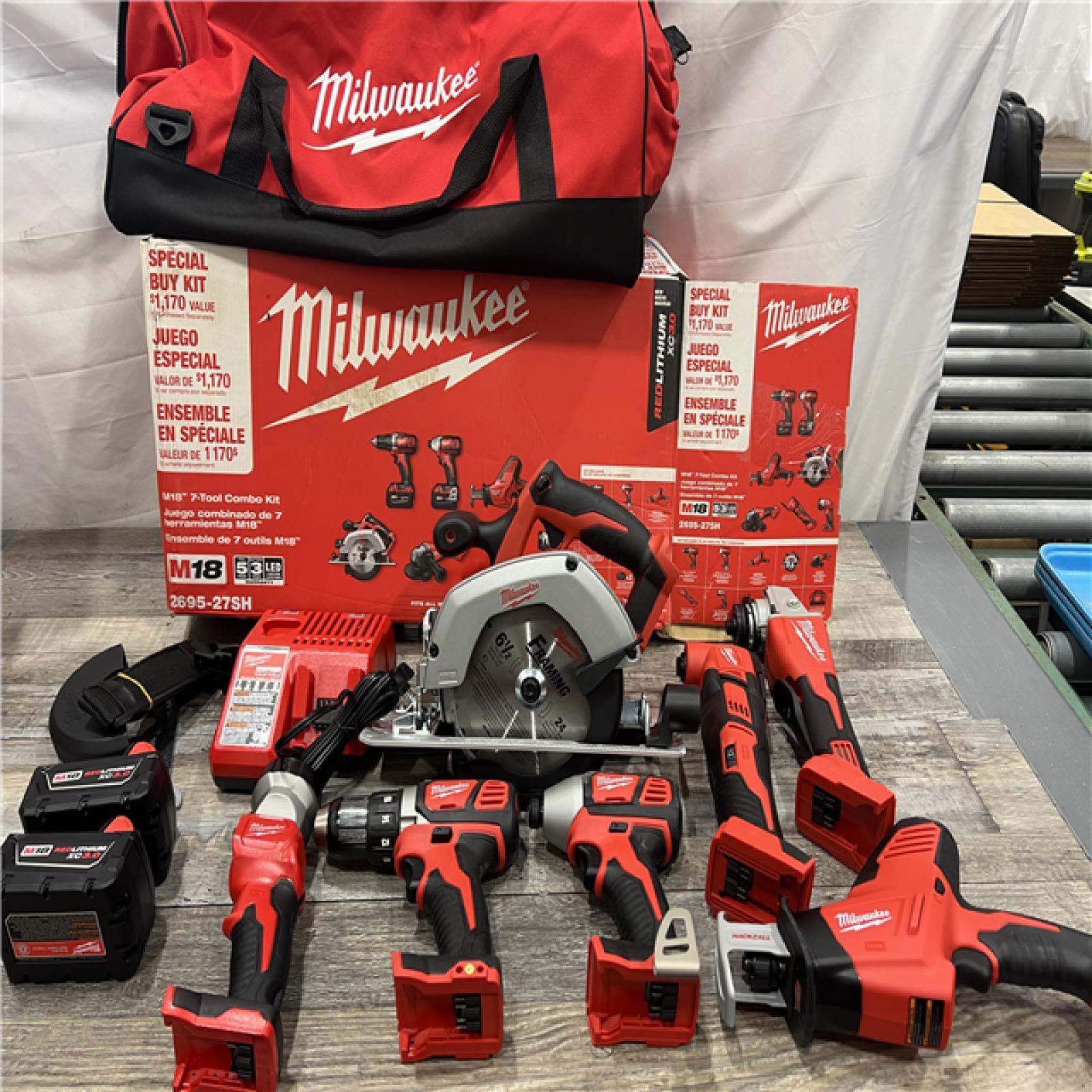 AS-IS MILWAUKEE M18 18-Volt Lithium-Ion Cordless Combo Kit 7-Tool with 2-Batteries, Charger and Tool Bag