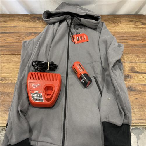 AS IS Men's Large M12 12-Volt Lithium-Ion Cordless Gray Heated Jacket Hoodie Kit with (1) 2.0 Ah Battery and Charger