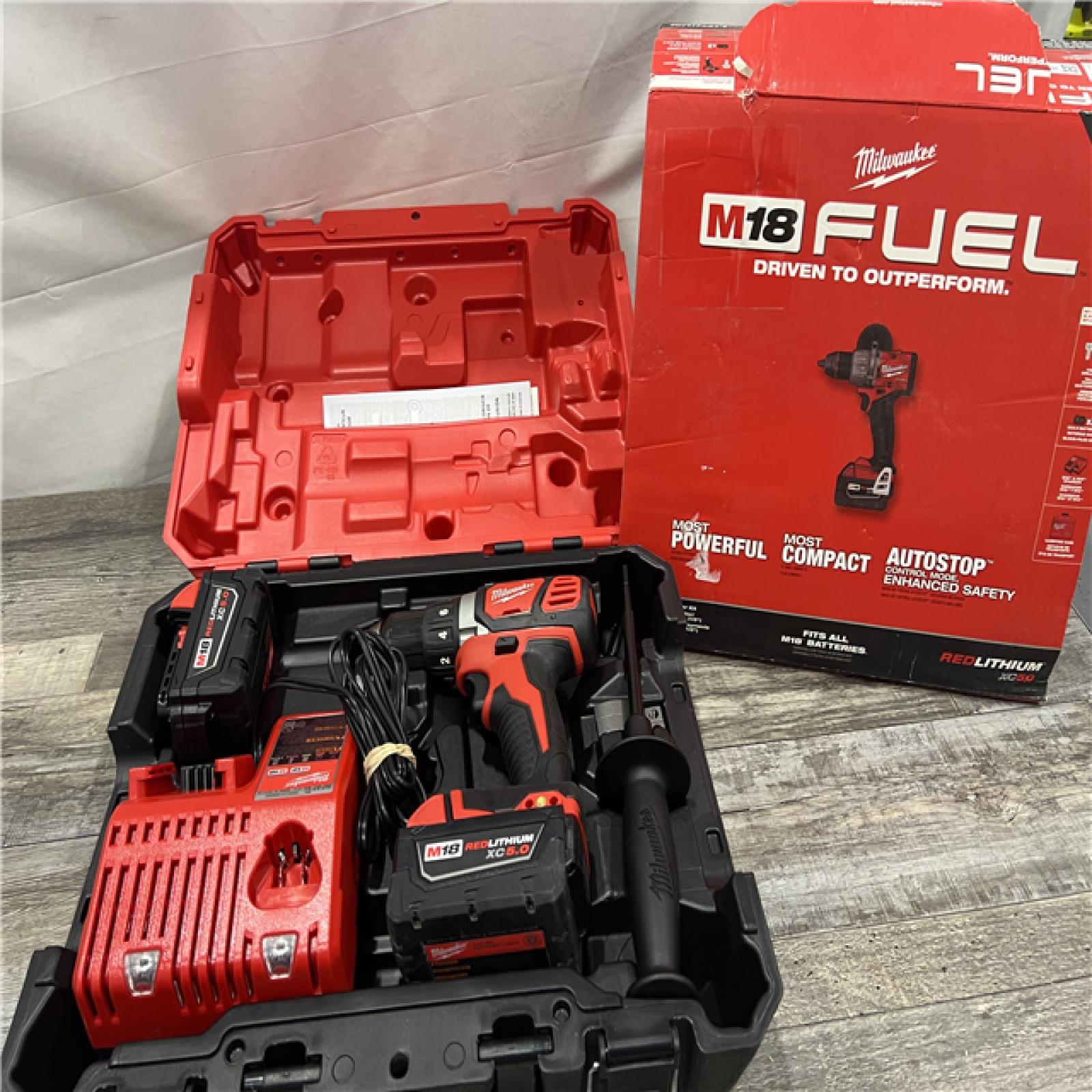 AS-IS Milwaukee 2904-22 Hammer Drill Driver Kit with Batteries  Charger & Tool Case  Red