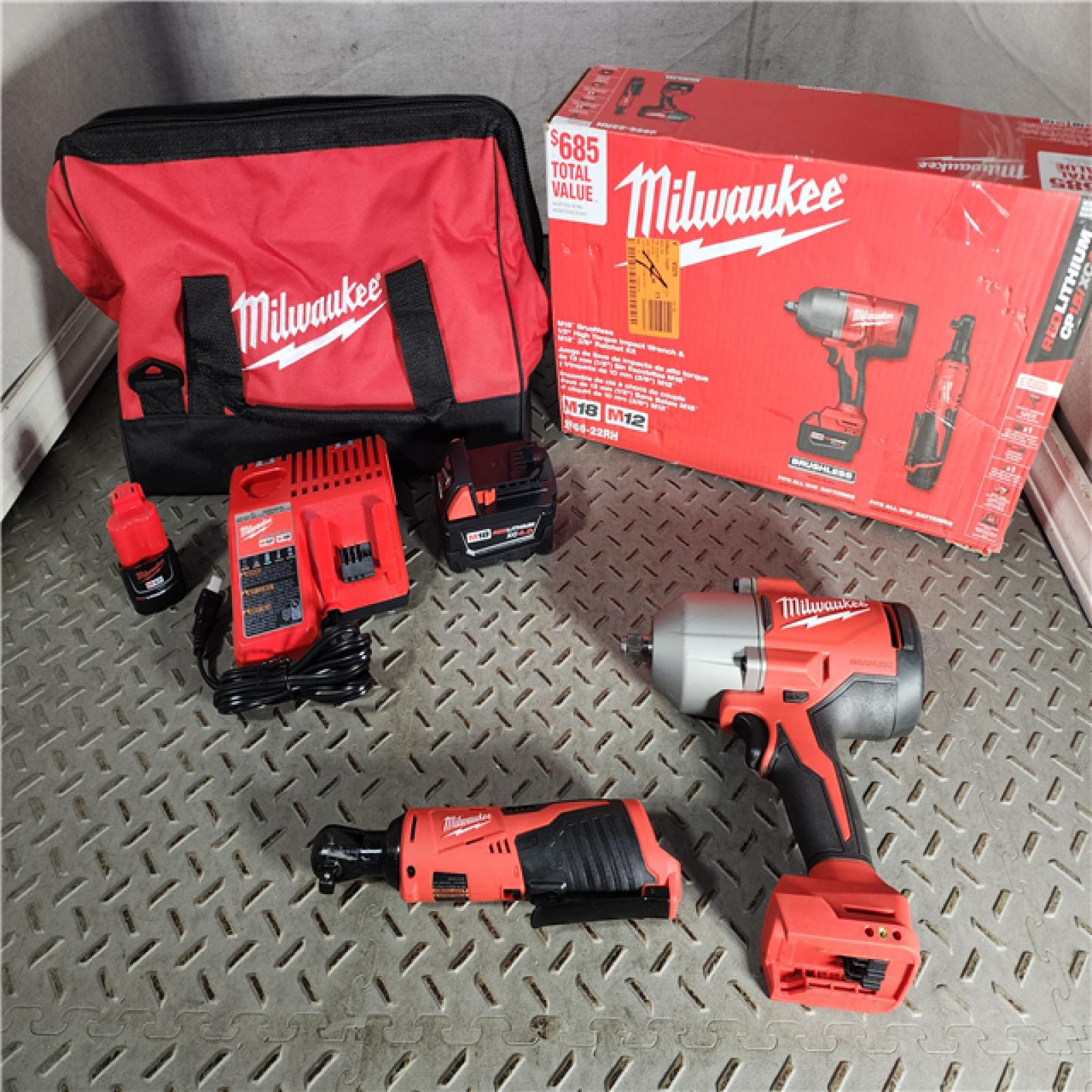 HOUSTON LOCATION - AS-IS M12/M18 12/18V Lithium-Ion Cordless 3/8 in. Ratchet and 1/2 in. High Torque Impact Wrench with Friction Ring Combo Kit