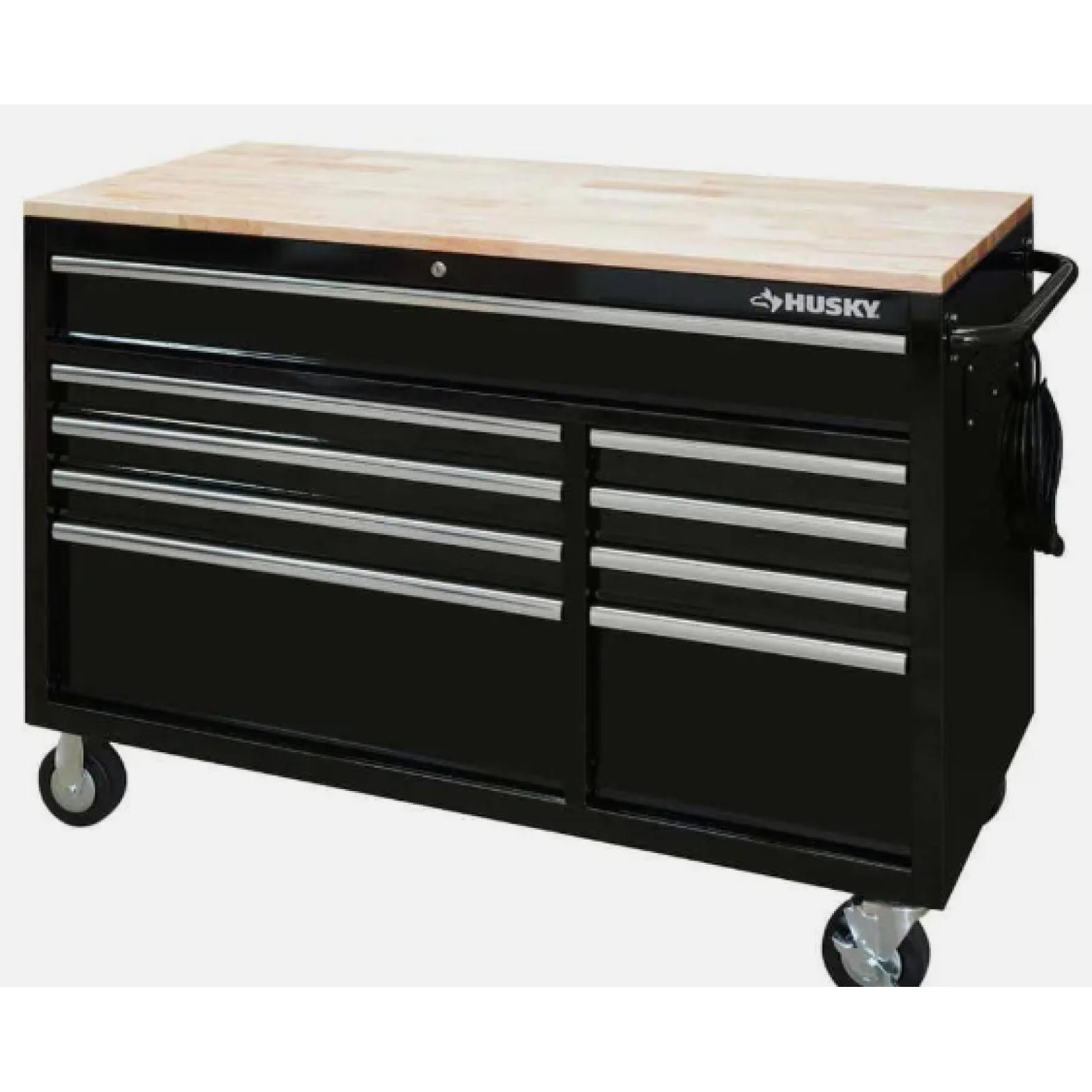 DALLAS LOCATION- NEW Husky Mobile Workbench Tool Chest 52 W x 25 D Solid Wood Top Gloss Black