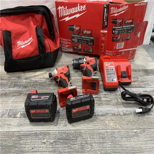 AS-IS MILWAUKEE  18-Volt Lithium-Ion Brushless Cordless Compact Hammer Drill/Impact Combo Kit (2-Tool) with (2) Batteries, Bag