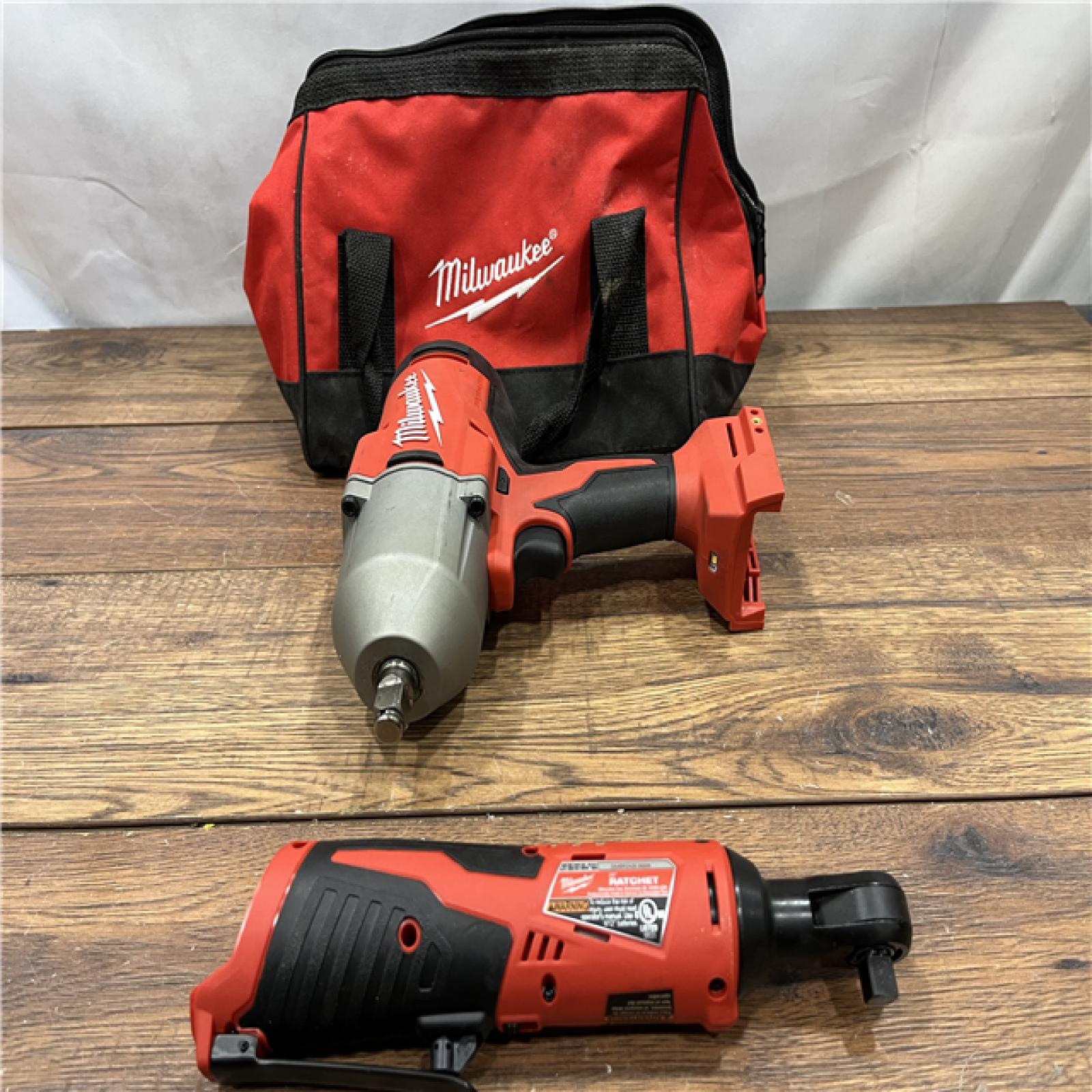 AS IS MILWAWKEE M12/M18 12/18V Lithium-Ion Cordless 3/8 in. Ratchet and 1/2 in. High Torque Impact Wrench with Friction Ring Combo Kit