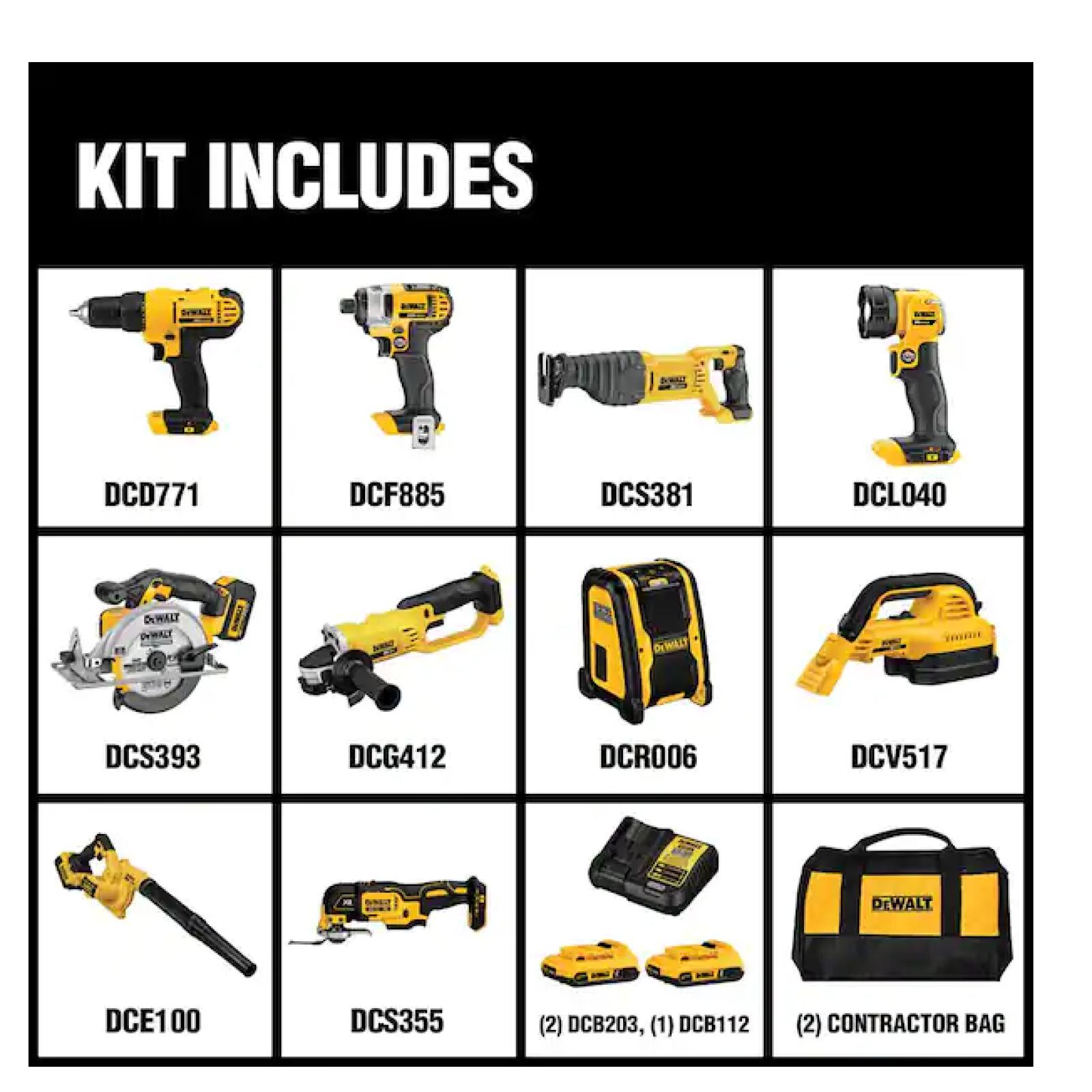 DALLAS LOCATION - NEW! DEWALT 20V MAX Cordless 10 Tool Combo Kit with (2) 20V 2.0Ah Batteries, Charger, and Bag