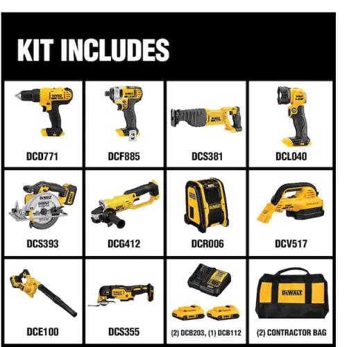 DALLAS LOCATION - NEW! DEWALT 20V MAX Cordless 10 Tool Combo Kit with (2) 20V 2.0Ah Batteries, Charger, and Bag