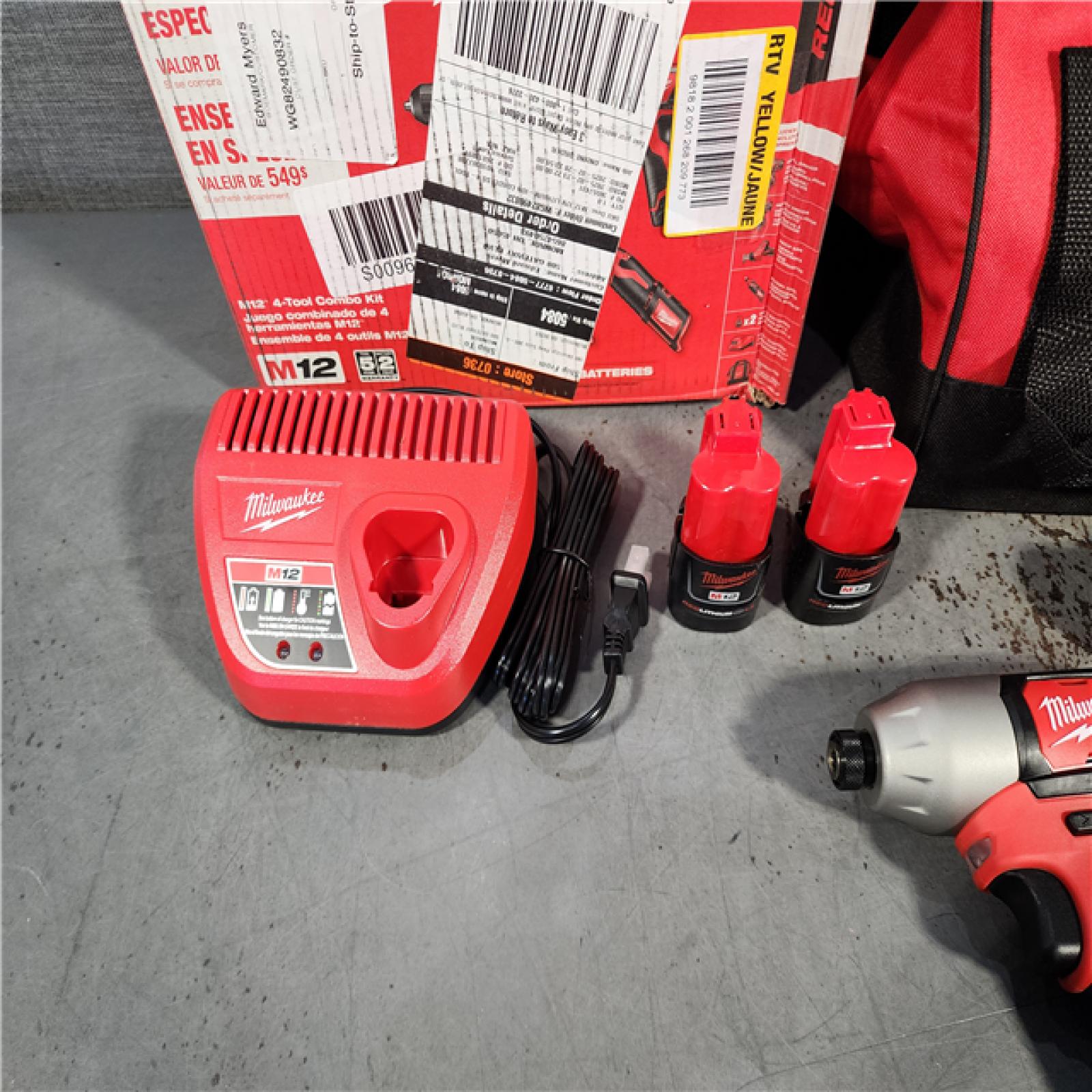 HOUSTON LOCATION - AS-IS (APPEARS LIKE NEW) M12 12V Lithium-Ion Cordless 4-Tool Combo Kit with (2) Compact 1.5Ah Batteries and Charger