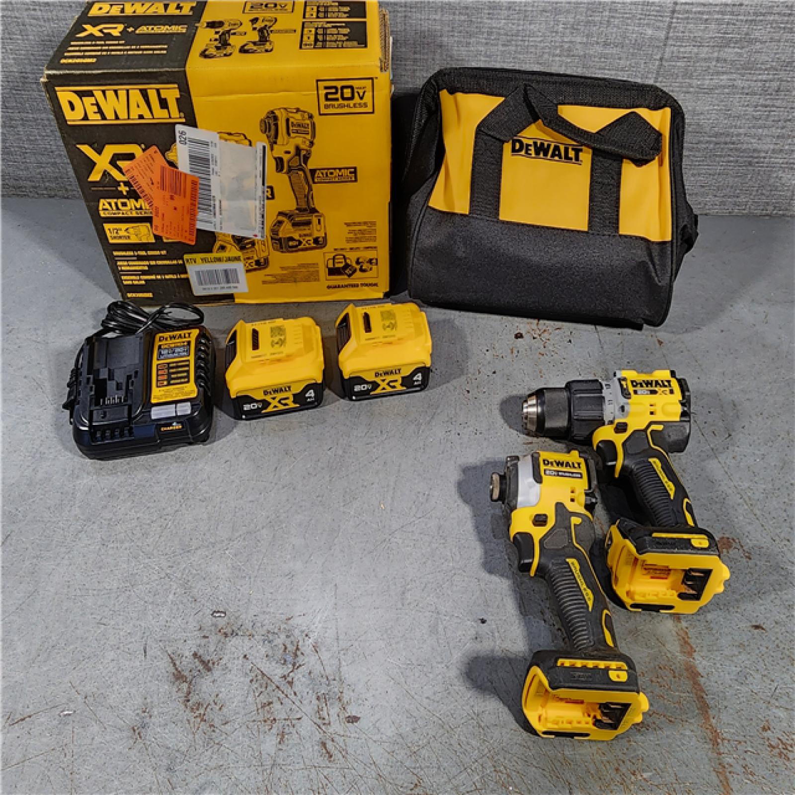 HOUSTON LOCATION - AS-IS DEWALT 20V MAX XR Hammer Drill and ATOMIC Impact Driver 2 Tool Cordless Combo Kit with (2) 4.0Ah Batteries, Charger, and Bag