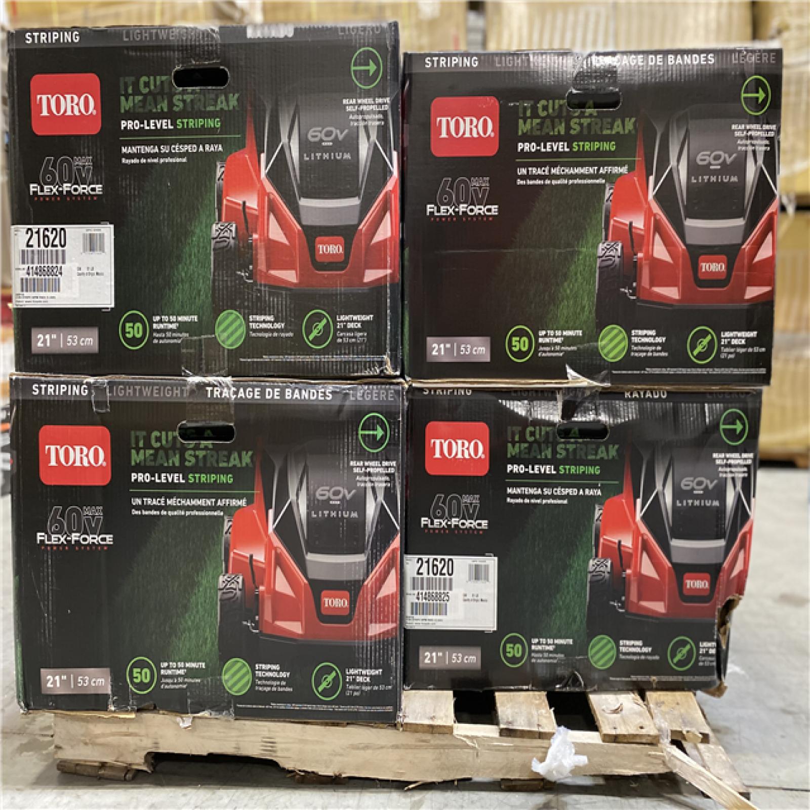 DALLAS LOCATION NEW! - TORO 60V MAX* 21 in. (53 cm) Stripe® Self-Propelled Mower - 5.0Ah Battery/Charger Included PALLET -(4 UNITS)