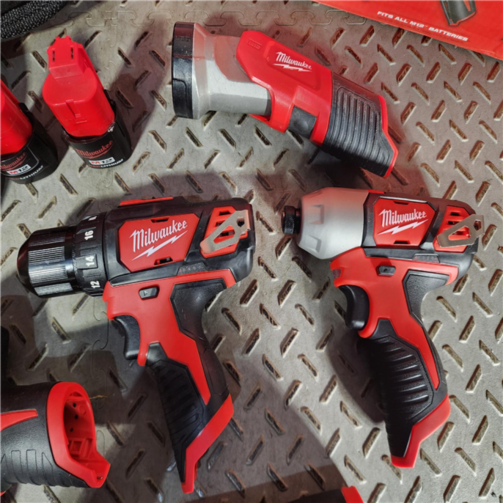 HOUSTON LOCATION - AS-IS MILWAUKEE M12 12V Lithium-Ion Cordless Combo Kit (5-Tool) with Two 1.5Ah Batteries, Charger & Tool Bag