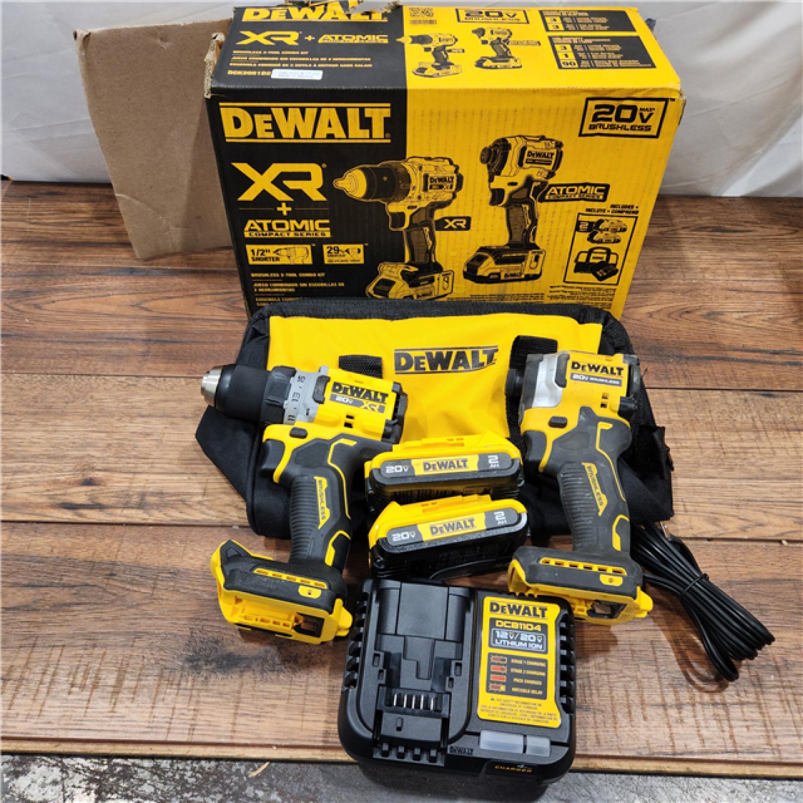 AS-IS DeWalt 20V MAX XR Cordless Drill/Driver, ATOMIC Impact Driver 2 Tool Combo Kit, (2) 2.0Ah Batteries, Charger, and Bag