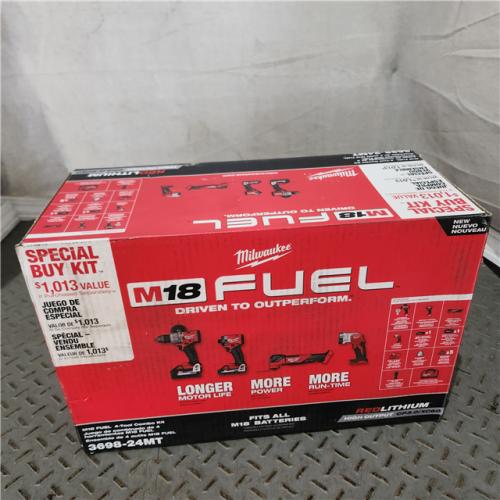 Houston location AS-IS Milwaukee 3698-24MT 18V Fuel 4-Tool Cordless Combo Kit with 6.0Ah 3.0Ah Lithium Ion Batteries