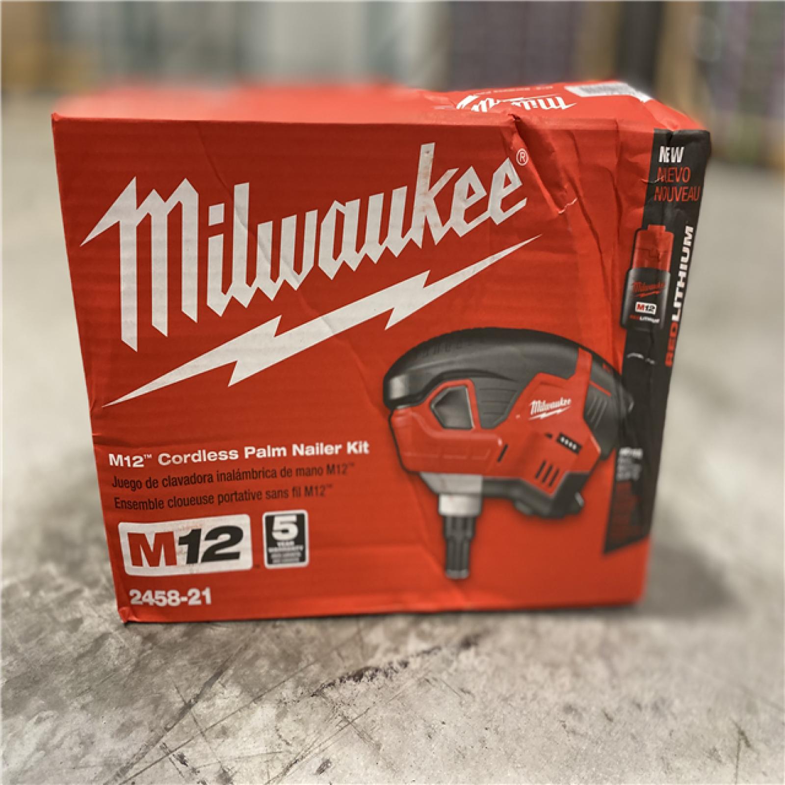 NEW! - Milwaukee M12 12-Volt Lithium-Ion Cordless Palm Nailer Kit with One 1.5Ah Battery, Charger and Tool Bag