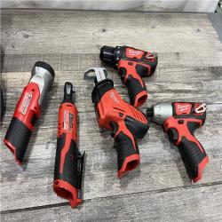 AS-IS MILWAUKEE M12 12V Lithium-Ion Cordless Combo Kit (5-Tool) with Two 1.5 Ah Batteries, Charger and Tool Bag