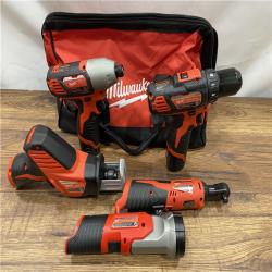 AS IS MILWAUKEE M12 12V Lithium-Ion Cordless Combo Kit (5-Tool) with Two 1.5Ah Batteries, Charger & Tool Bag