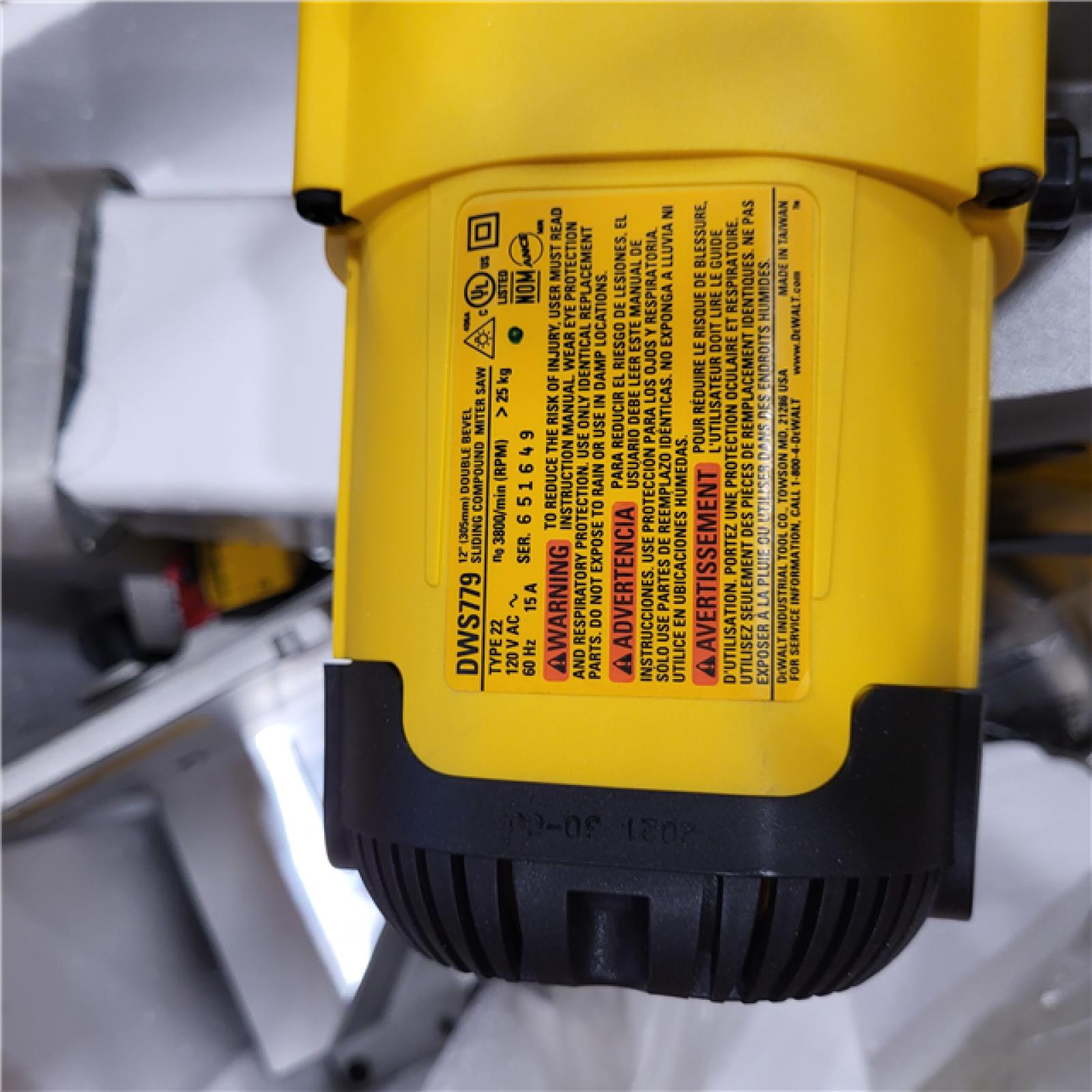 AS-IS DEWALT 15 Amp Corded 12 in. Double Bevel Sliding Compound Miter Saw, Blade Wrench and Material Clamp