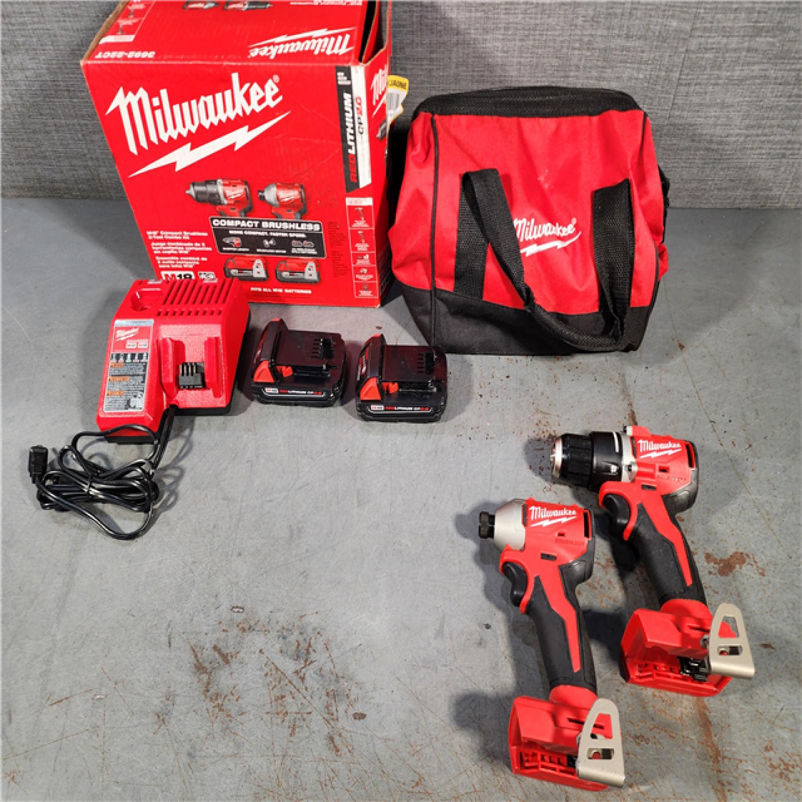 HOUSTON LOCATION - AS-IS M18 18V Lithium-Ion Brushless Cordless Compact Drill/Impact Combo Kit (2-Tool) W/(2) 2.0 Ah Batteries, Charger & Bag