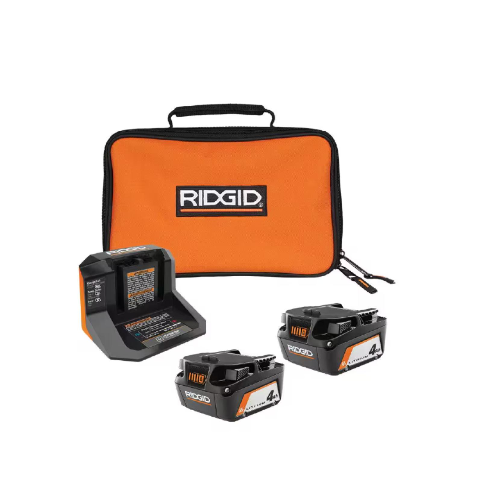 NEW! - RIDGID 18V Lithium-Ion (2) 4.0 Ah Battery Starter Kit with Charger and Bag