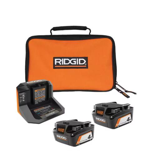 NEW! - RIDGID 18V Lithium-Ion (2) 4.0 Ah Battery Starter Kit with Charger and Bag