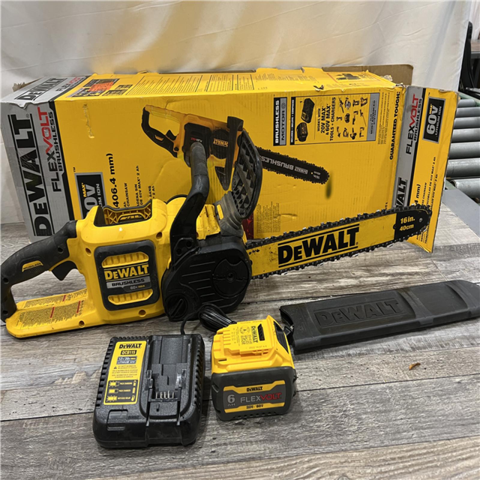 AS-IS DEWALT FLEXVOLT 60V MAX 16in. Brushless Cordless Battery Powered Chainsaw Kit with (1) FLEXVOLT 2 Ah Battery & Charger