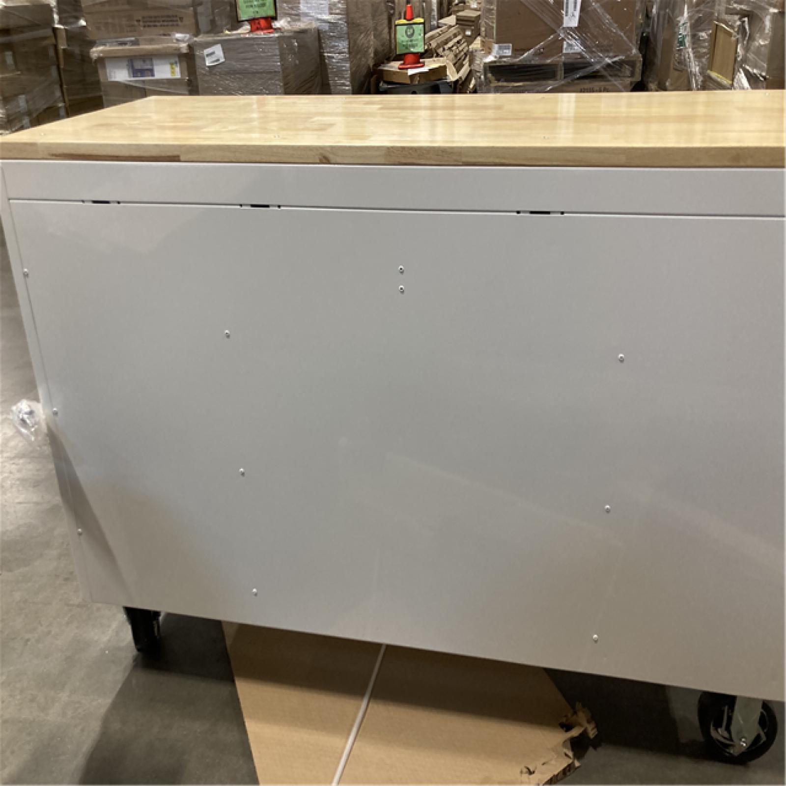 DALLAS LOCATION - Limited Edition 61 in. W x 23 in. D 11-Drawer White Mobile Workbench Cabinet with Solid Wood Top