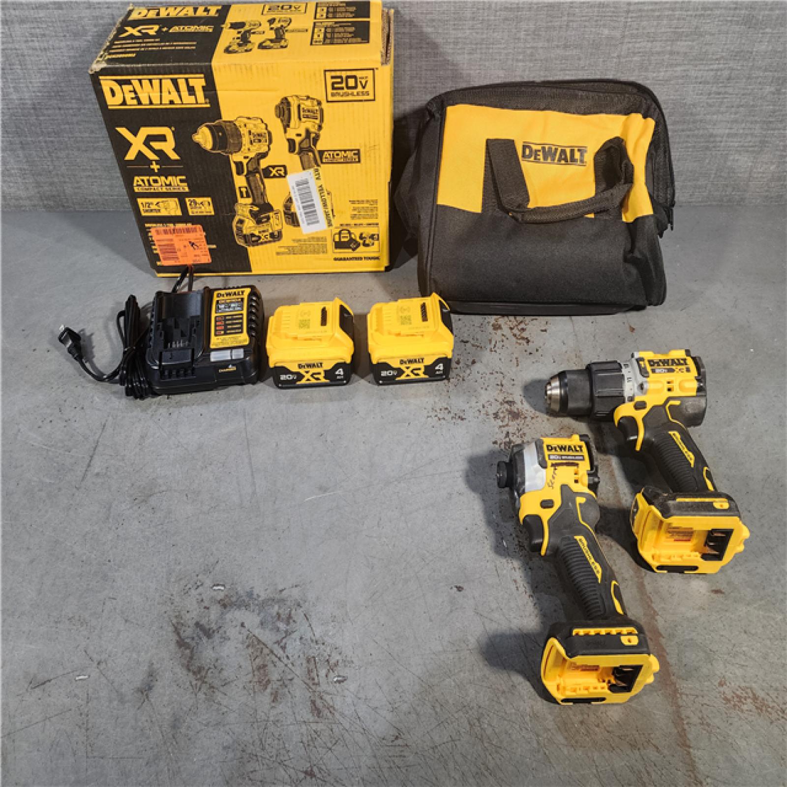 HOUSTON LOCATION - AS-IS DEWALT 20V MAX XR Hammer Drill and ATOMIC Impact Driver 2 Tool Cordless Combo Kit with (2) 4.0Ah Batteries, Charger, and Bag