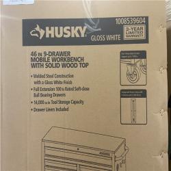 DALLAS LOCATION - NEW! Husky Tool Storage 46 in. W x 18 in. D 9-Drawer Gloss White Mobile Workbench Cabine